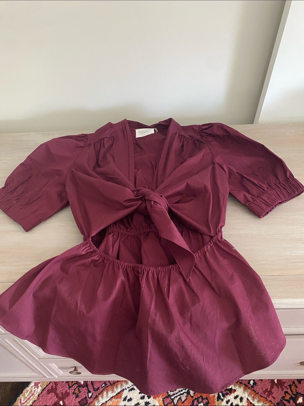 Tie-Front Puff Sleeve Top in Burgundy